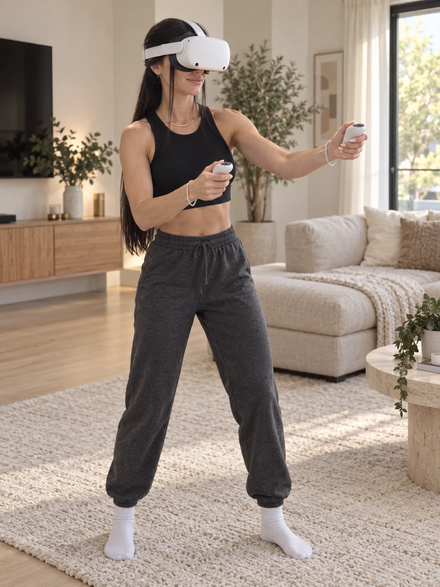 Ilona playing VR with a headset and two controllers