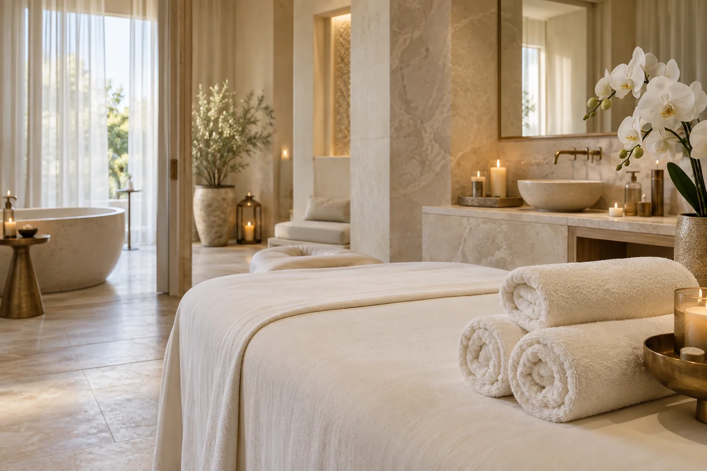 Illustrative ivory spa interior with fresh towels and warm lighting