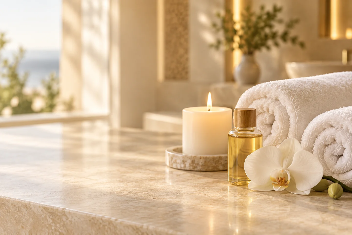 Illustrative still life of soft towels, massage oil, an orchid and candlelight